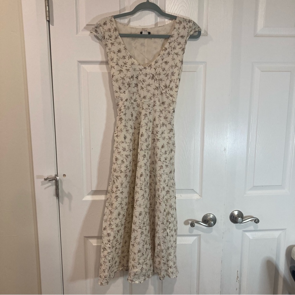 J. Crew cream brown floral v-neck short sleeve a-line midi dress lined size 10